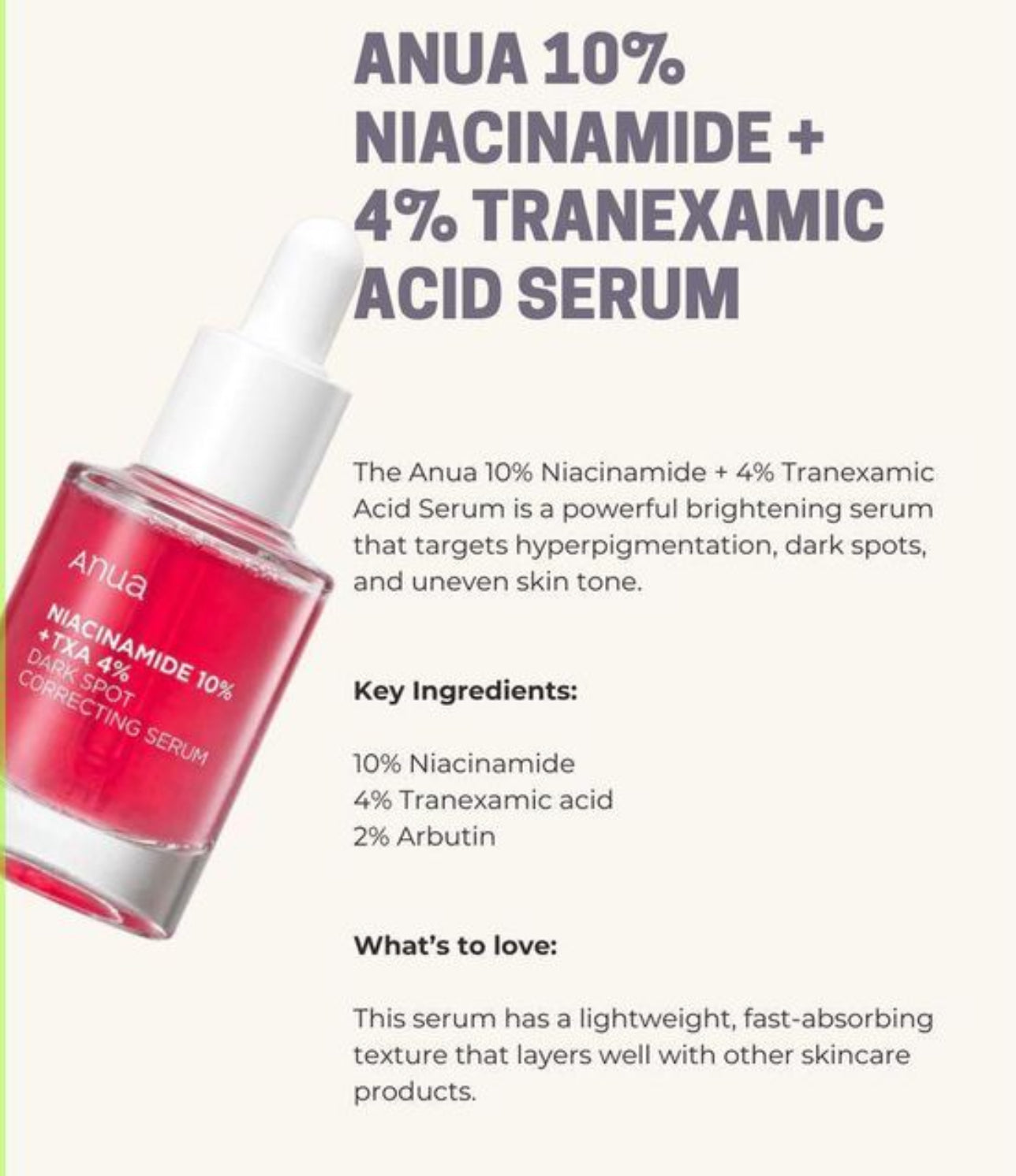 ANUA 10% NIACINAMIDE+4% TRANXAMIC ACID SERUM